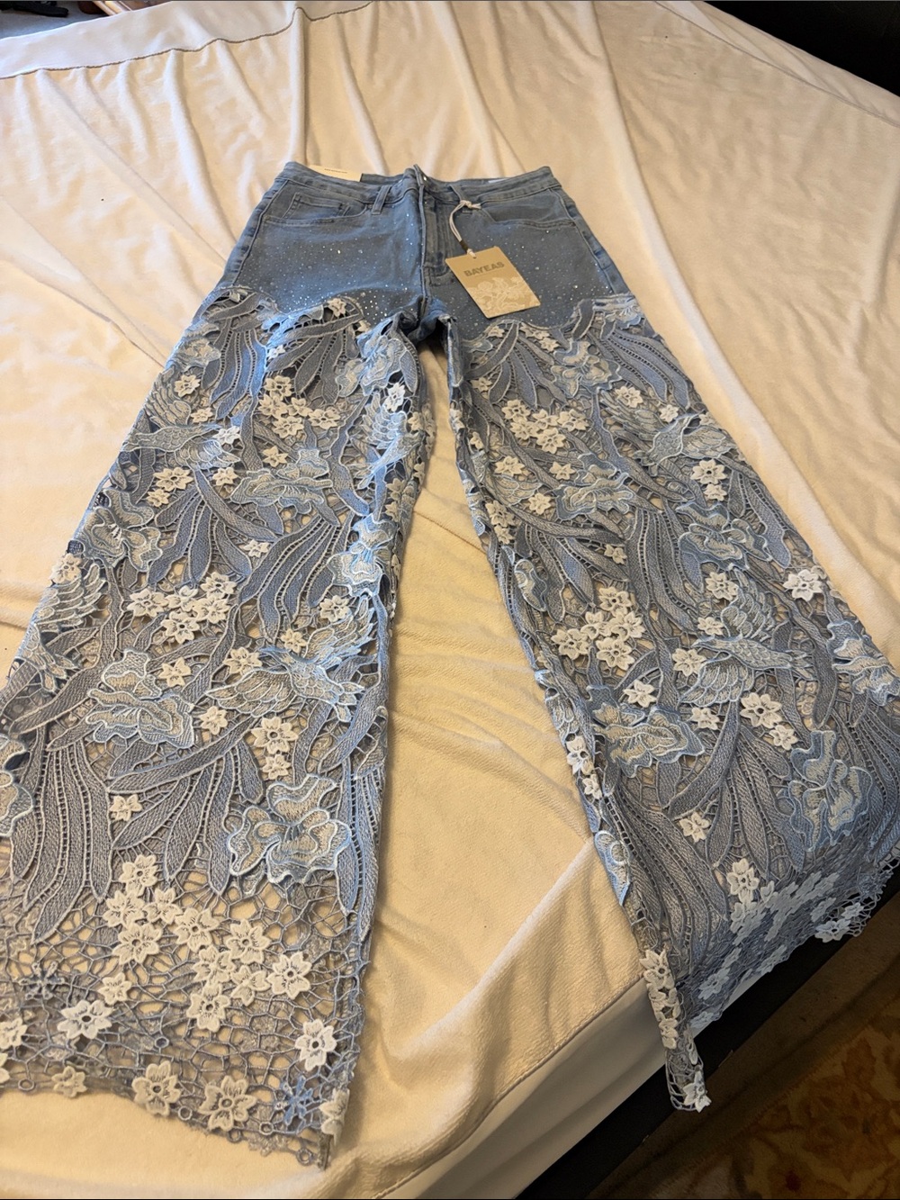 Light Blue Lace-Overlay Wide-Leg Jeans - Women